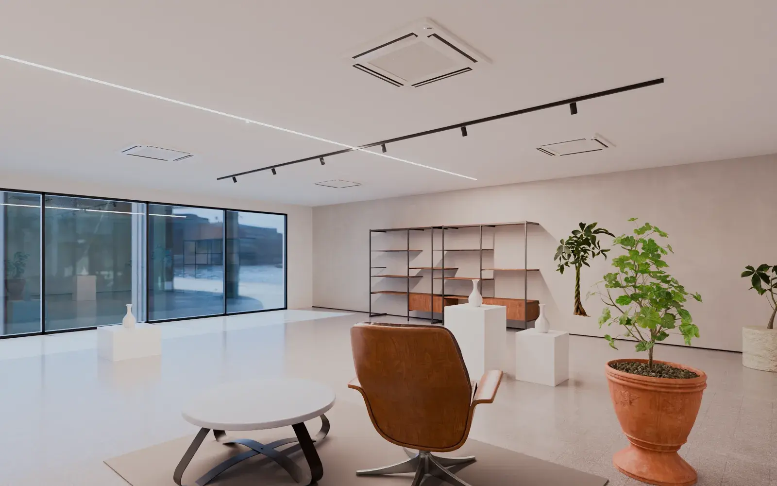 Illustrative example: a showroom with four-way cassettes set into the ceiling.