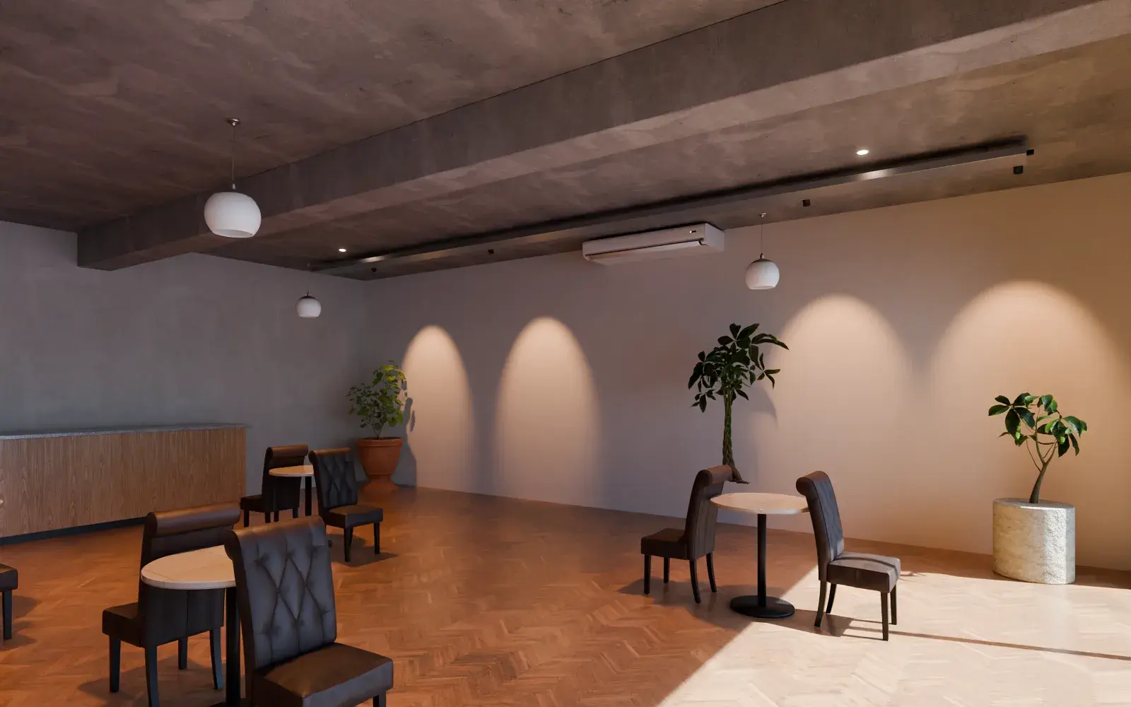 Illustrative example: a café with a ceiling-suspended unit under the exposed slab.