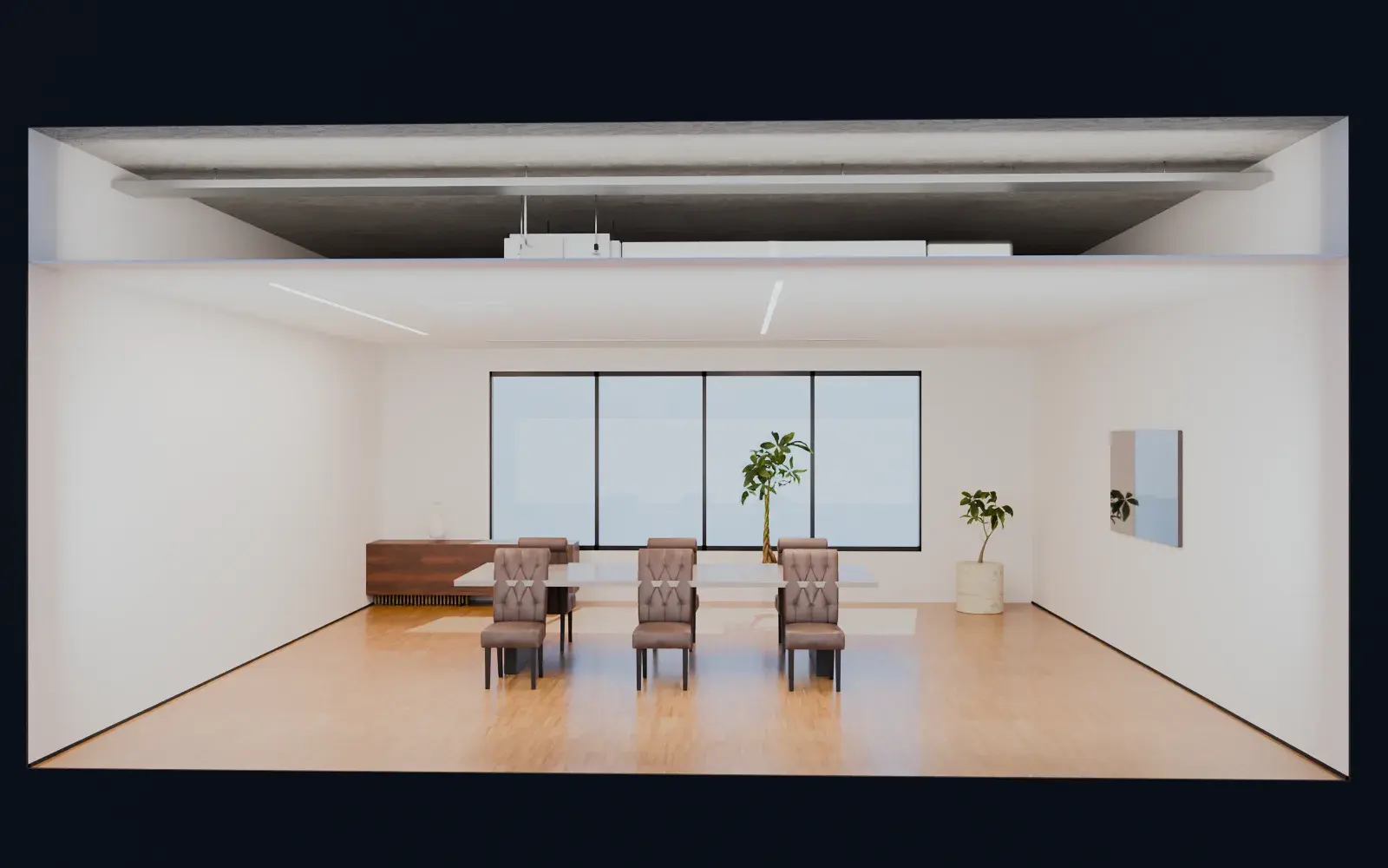 Illustrative example: section through a boardroom showing the ducted unit, ductwork and slot diffusers above the ceiling.