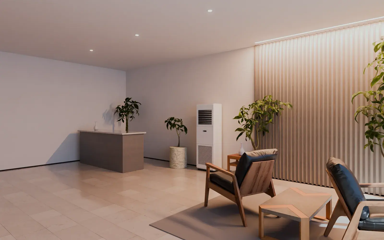 Illustrative example: a reception lobby with a floor-standing unit against the back wall.